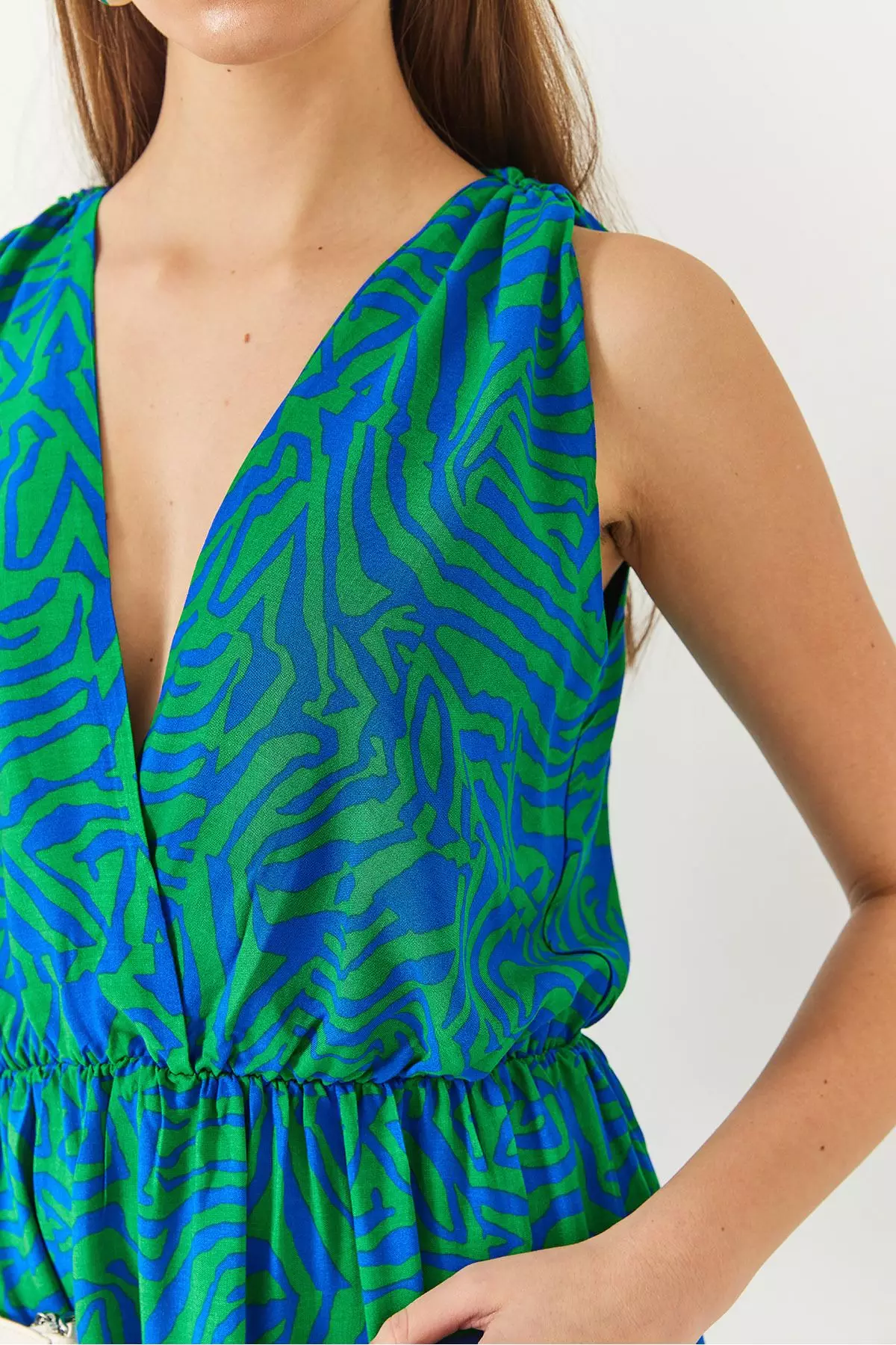 Women's Double Breasted Neckline Elastic Waist Back Rope Tie Print Dress 60261428