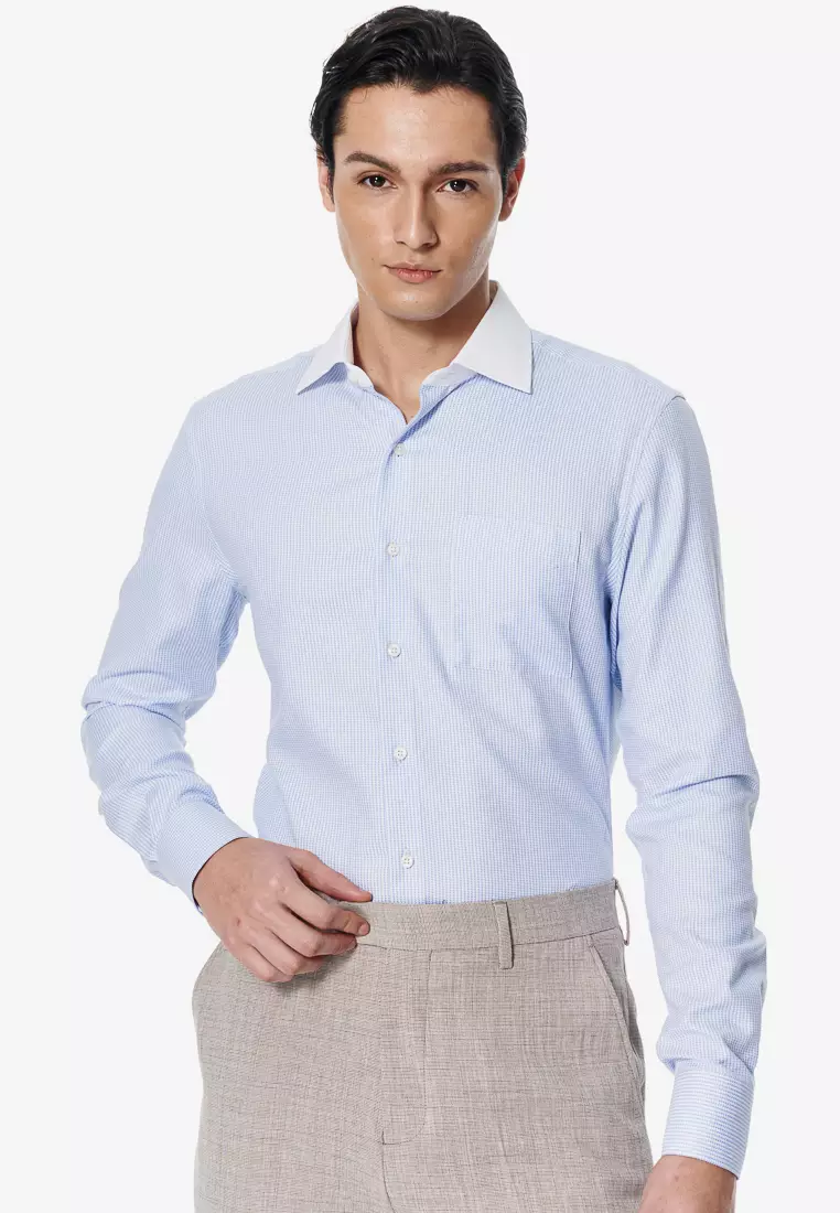Sky Blue Houndstooth Textured Slim Fit Shirt