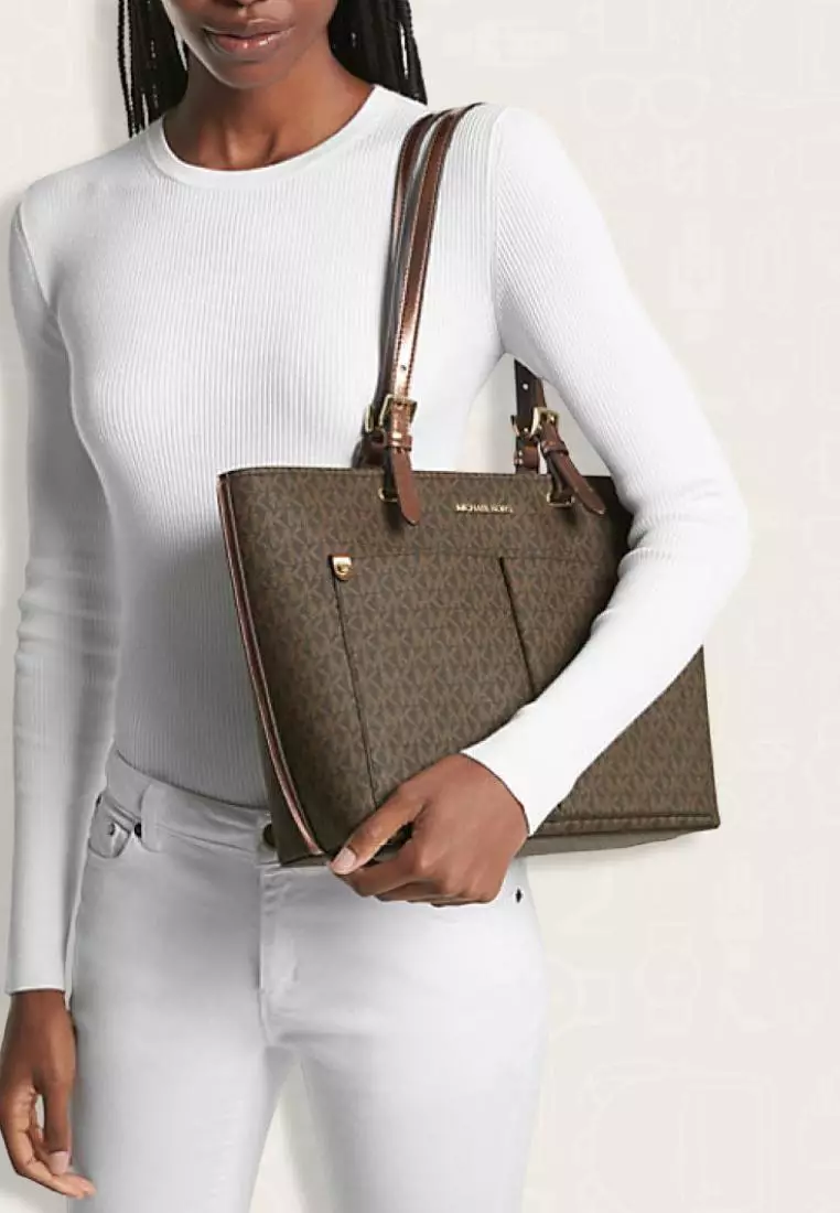 Michael Kors Jet Set Medium Signature Logo Pocket Tote Bag Mocha