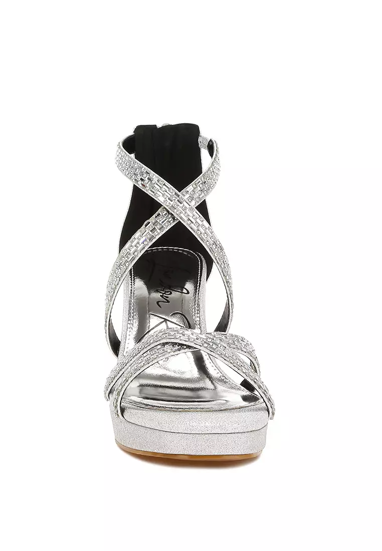 Sandal Bertali Hiasan Berlian Imitasi dalam Warna Perak