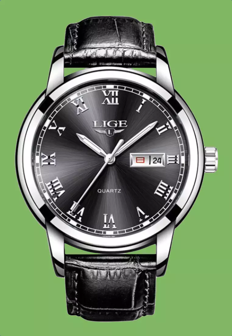 Unisex Classic Day/Date Stainless Steel Quartz Watch, Black dial, on Black Leather Strap