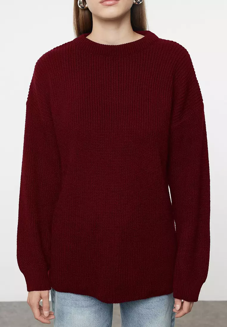 Claret Red Wide Pattern Ribbed Crew Neck Knitwear Sweater TWOAW25KZ00342