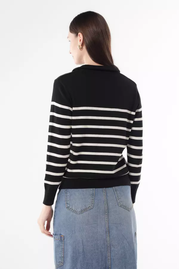 MINIMAL - Reeny - Sweater Rajut Zipper Motif Garis - Black