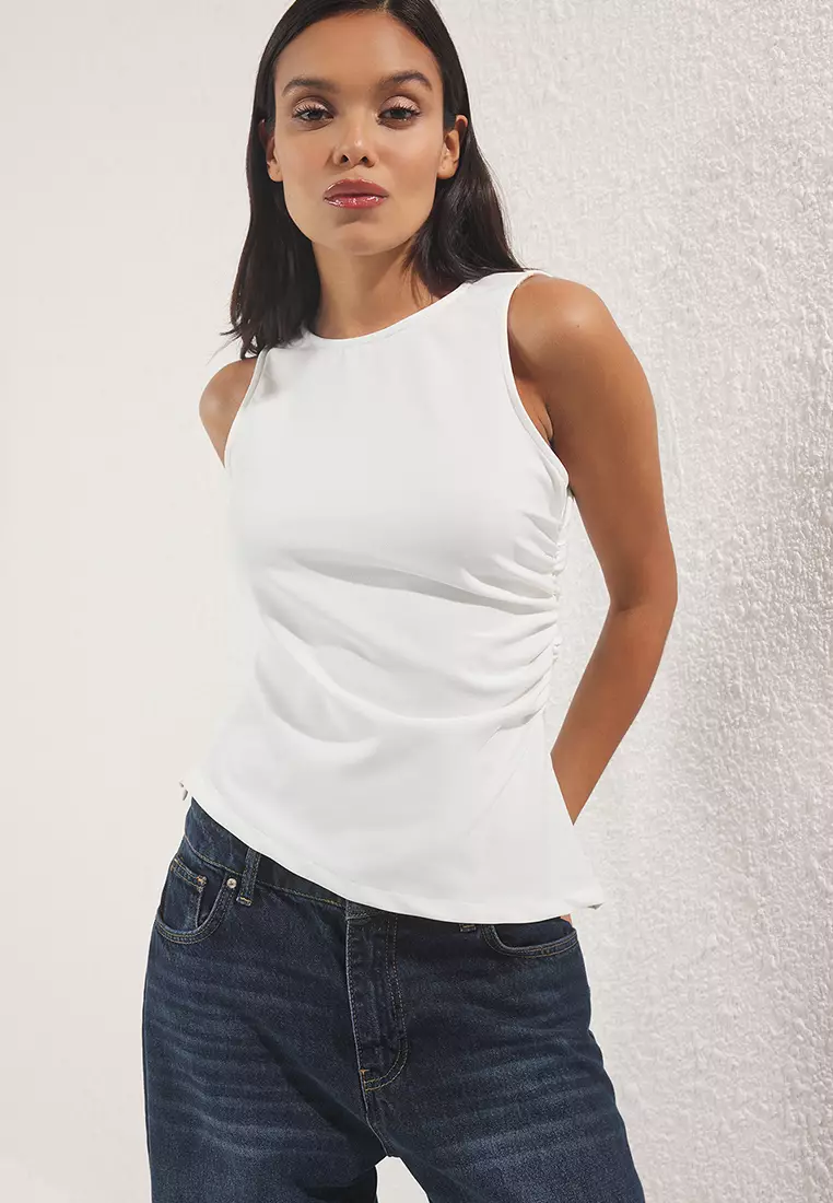 White Draped Asymmetrical Cut Fitted Woven Blouse Twoss25Bz00546