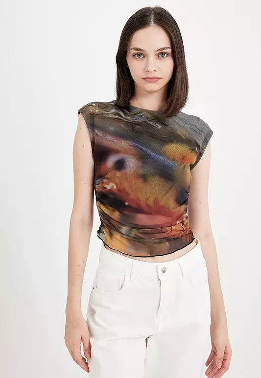 Fitted Body-Smoothing Crew Neck Patterned Gathered Detail Tulle Short Sleeve T-Shirt