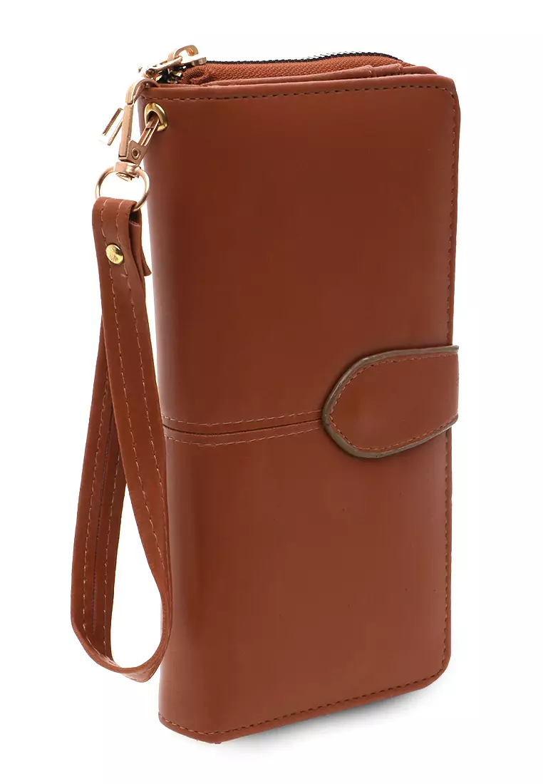 Dompet Leather Wanita Design Casual Long Wallet Soft Large Capacity Free Tali Tangan - Coklat