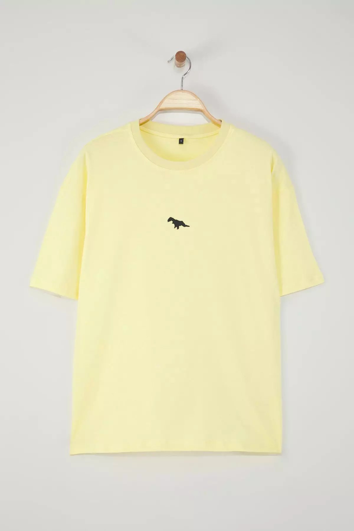 Yellow Oversize/Wide Cut Short Sleeve Dinosaur Embroidered 100% Solid Fabric T-shirt TMNSS23TS00243
