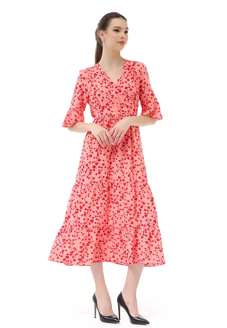 Rachel Midi Dress Wanita Vneck Lengan Pendek Desain Karet Material Polyester ORIGINAL - Pink