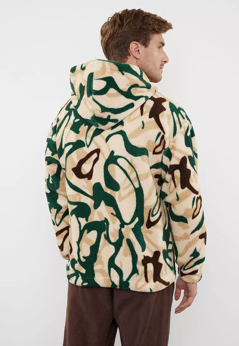 Multicolored Unisex Oversize/Wide Cut Patterned Sherpa Fleece/Plush Hooded Sweatshirt TMNAW25SW00147