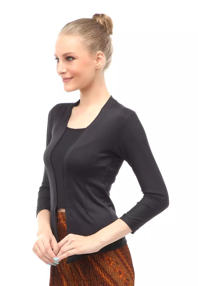 Kebaya Atasan Wanita Motif Solid Long Sleeves Slip On Style Design Casual Relaxed Fit - Hitam
