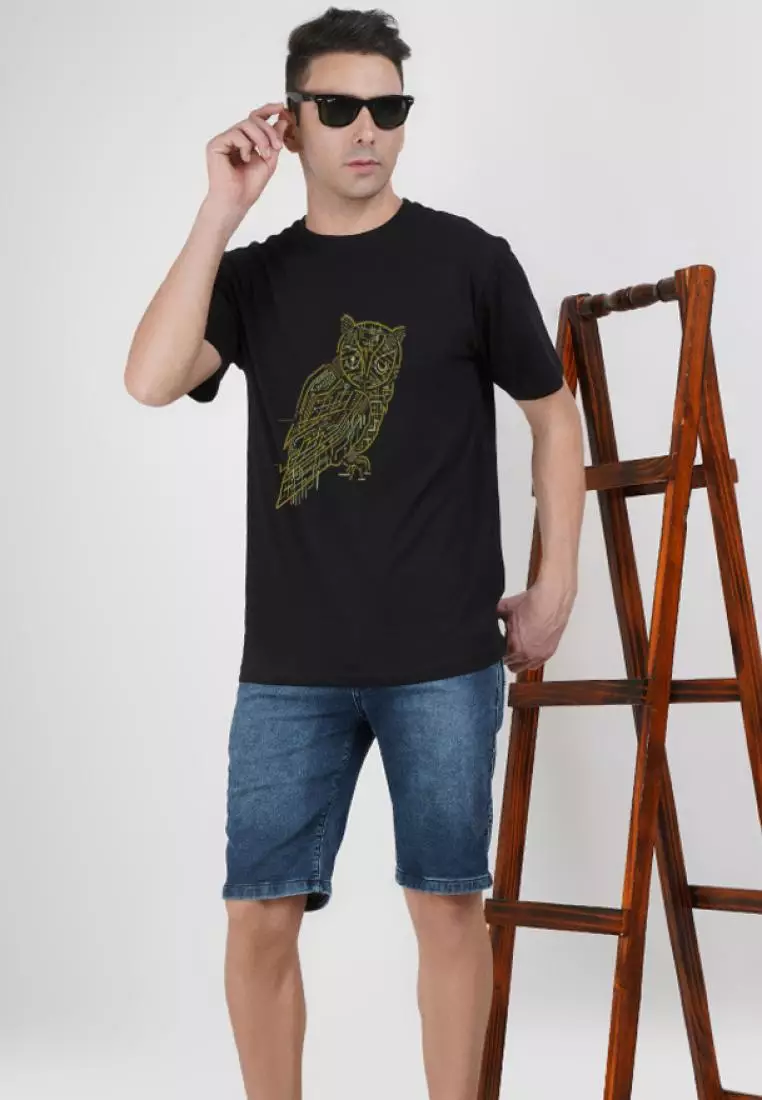 猫头鹰图案黑色棉质短袖必备 T 恤