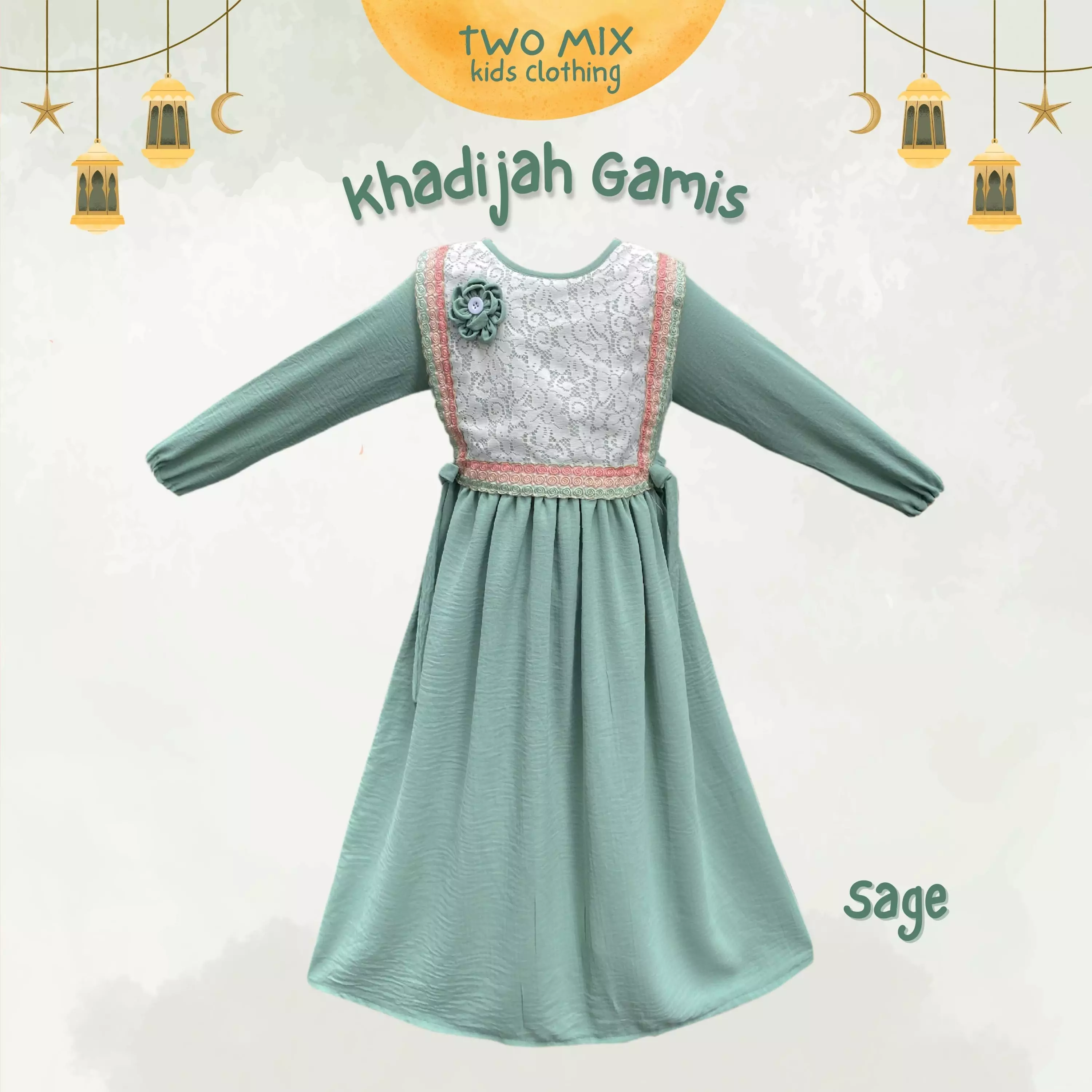 Two Mix - Raya Collection 2025 - Khadijah Baju Gamis Anak Muslim Perempuan Lebaran 1-14 Tahun 4431 Sage
