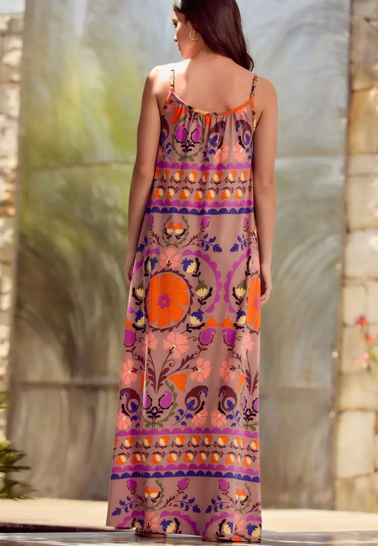 Maxi Length Trapeze Shape Ruched Neckline Thin Vest Strap Dress