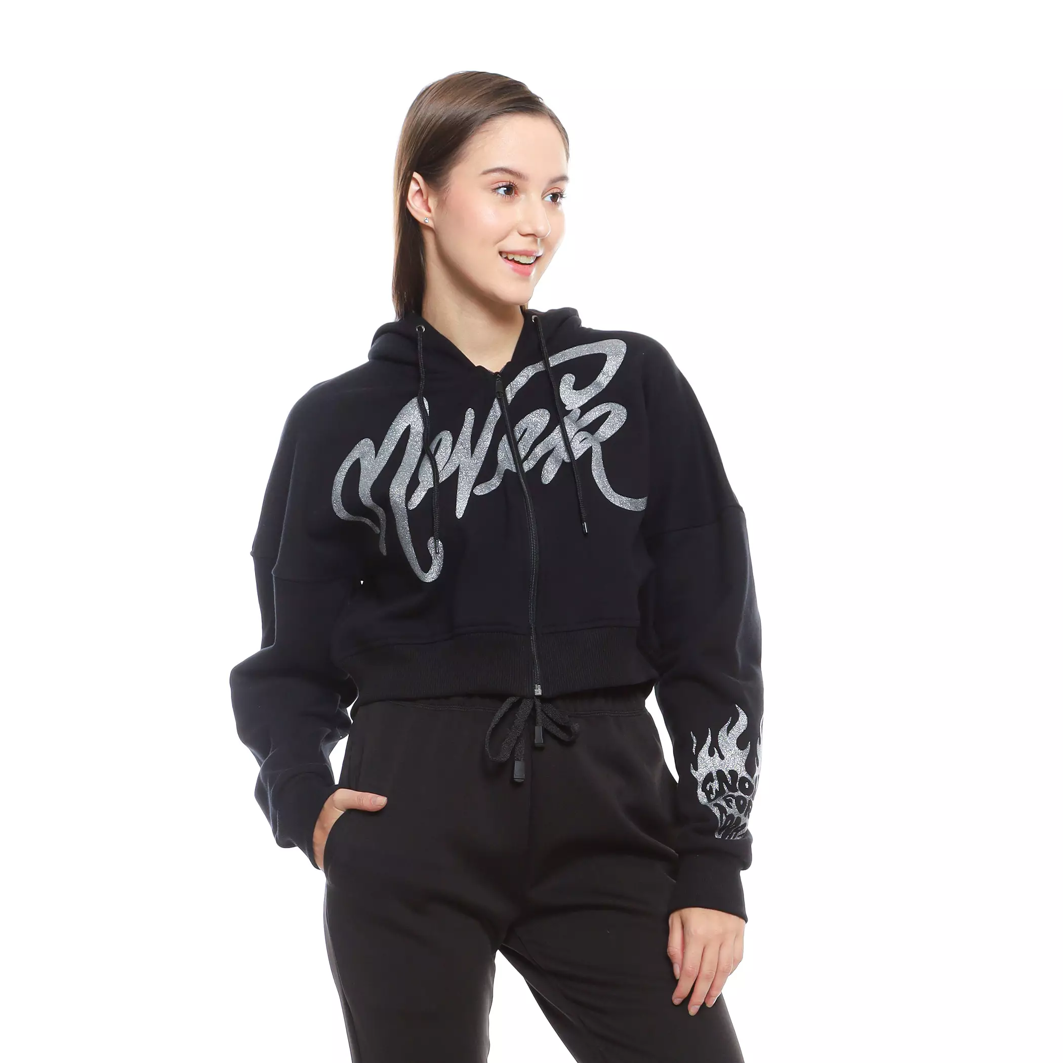 Enough For Today - Hoodie Crop Oversize Zipper Resleting Wanita Hitam Never Blink