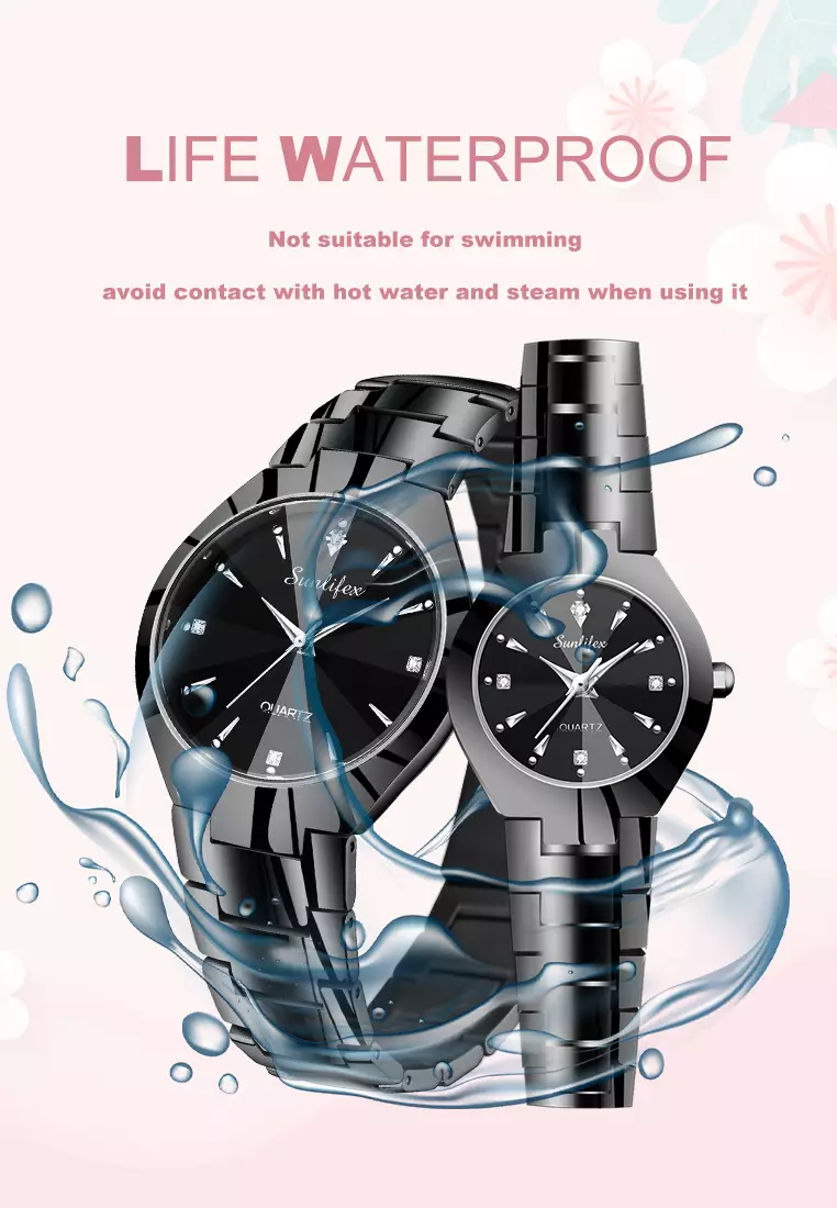 Jam Tangan Couple 9090-M+SL9090-W Stainless Steel Berlian Anti Air Analog Bisnis Kuarsa Jam Tangan Wanita/Pria allblack