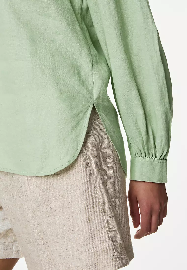 Pure Linen Collared Popover Blouse