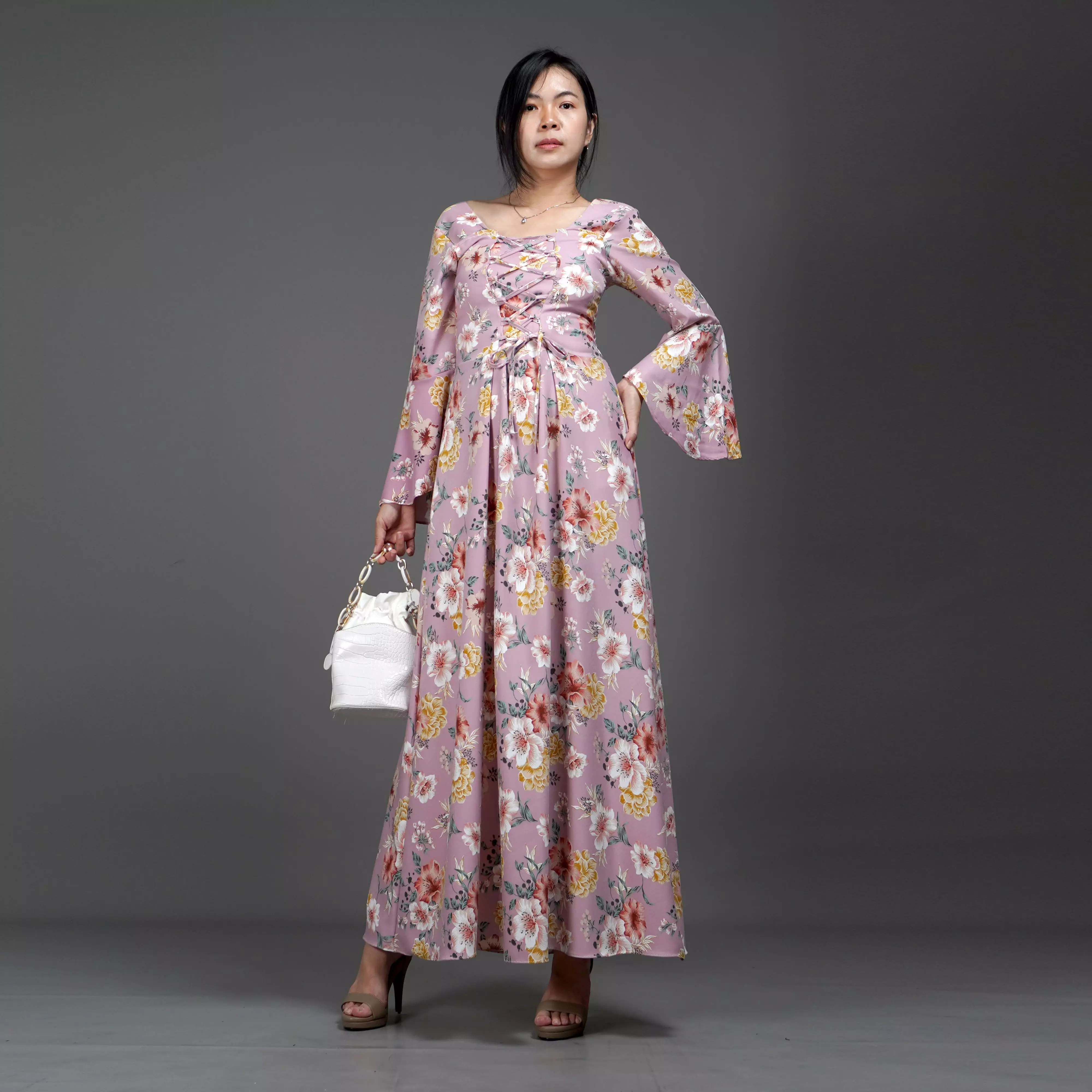  CLOVERIA Long Dress Motif Bunga Gaya Korea Dress Wanita Korean Style - Pink