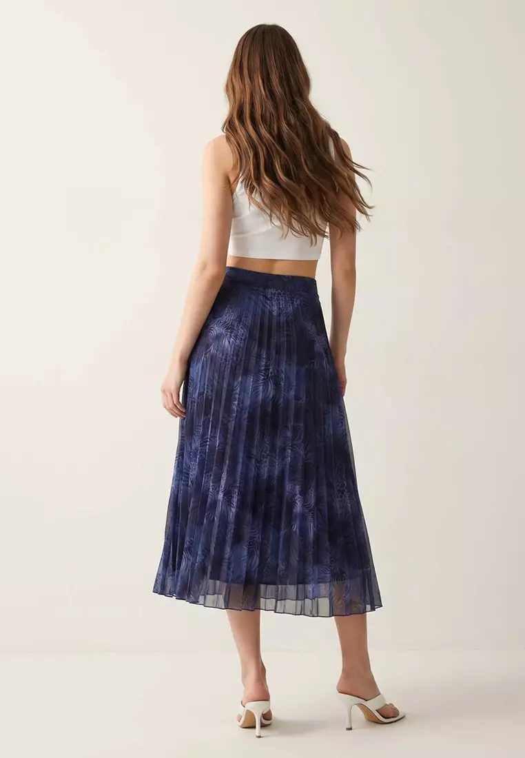 Navy Blue Patterned Lined Chiffon Pleated Midi Skirt Twoaw26Et142