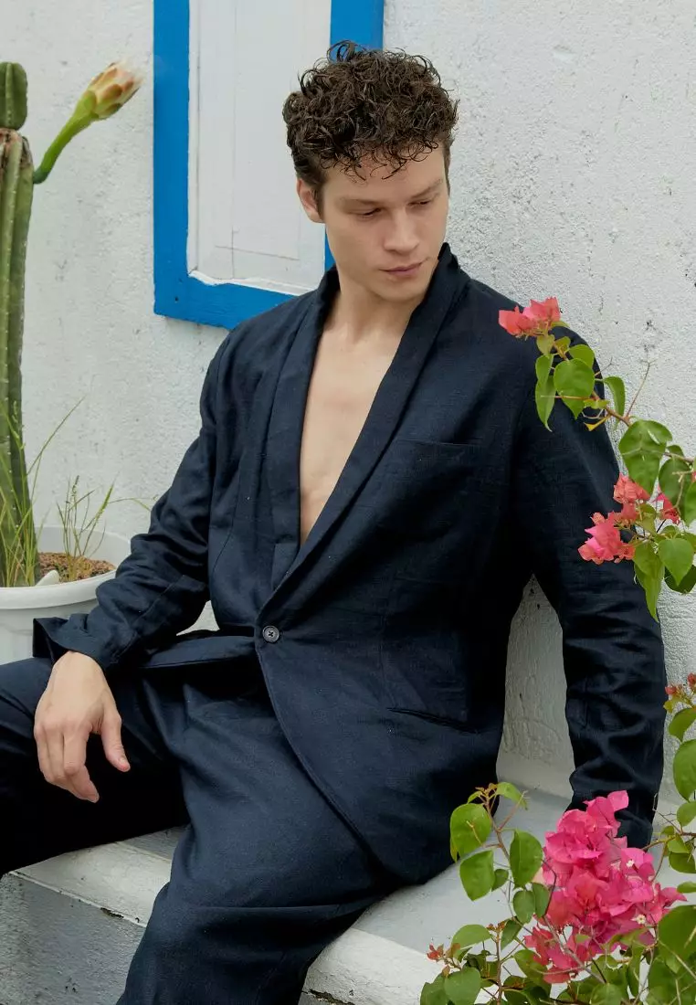 Durban Setelan Blazer Celana Linen Pria Biru Navy - Linen Blazer Set for Men Navy