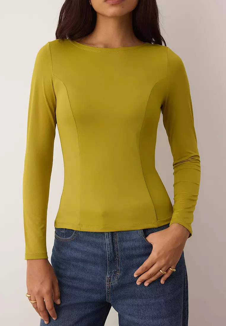 Oil Green Fitted Long Sleeve Boat Neck Flexible Knitted Blouse Twoaw26Bz00108