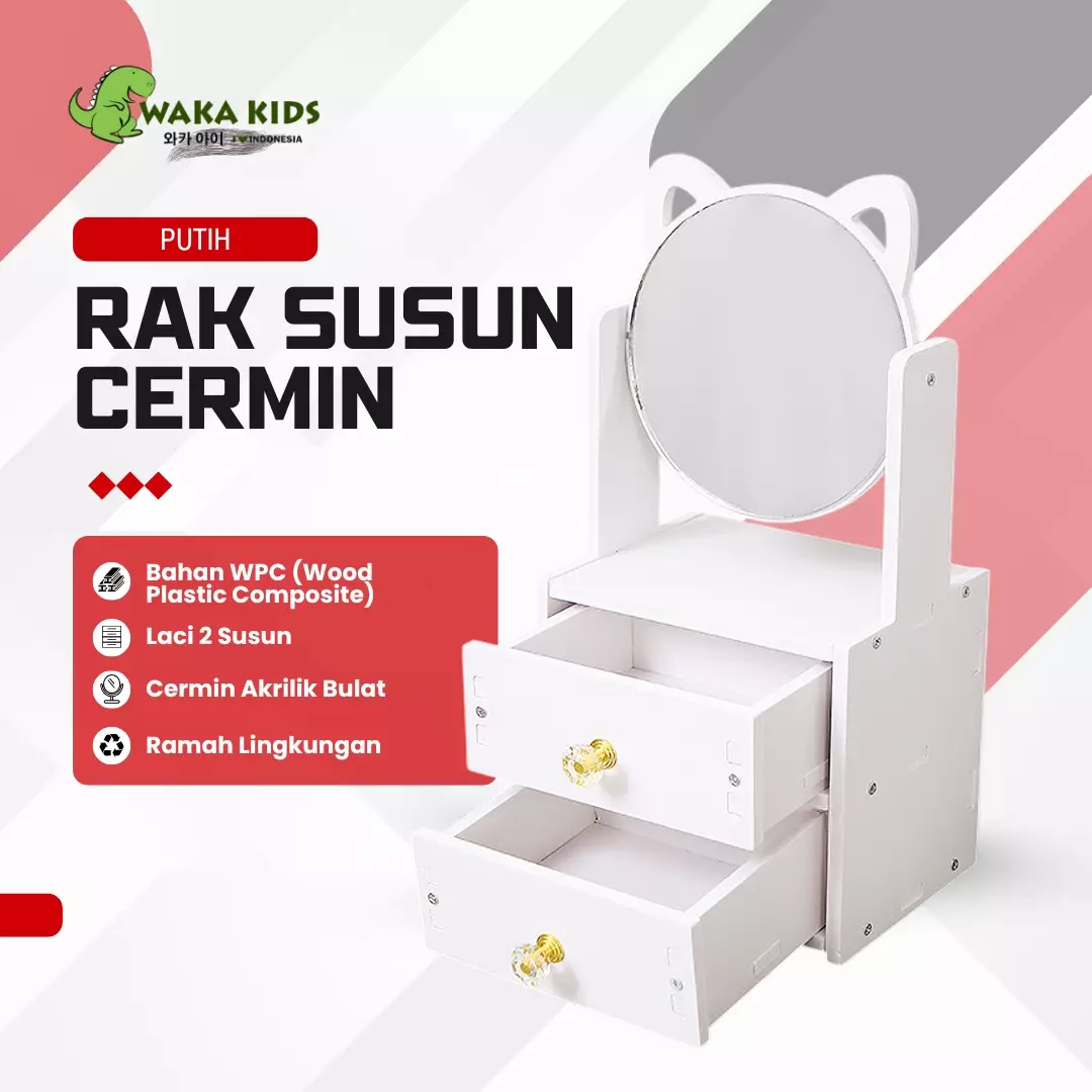 Wakakids Rak Laci Make Up 2 Susun dengan Cermin Vintage Tempat Kosmetik Storage Venrc Putih
