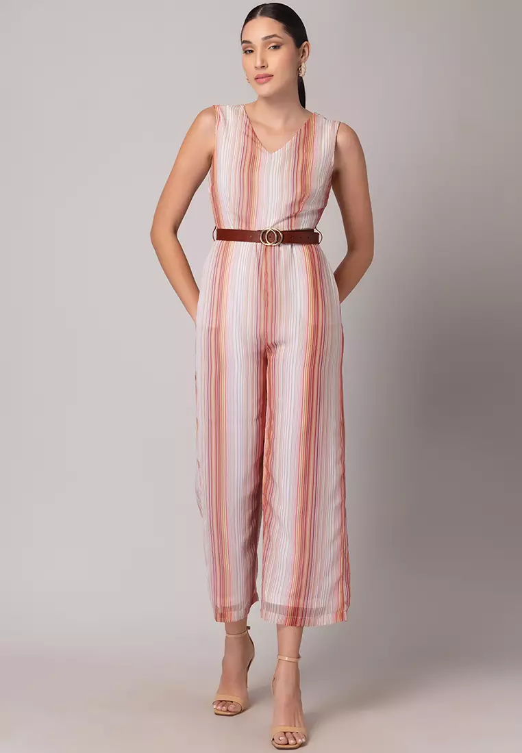 White And Brown Striped Jumpsuit With Belt