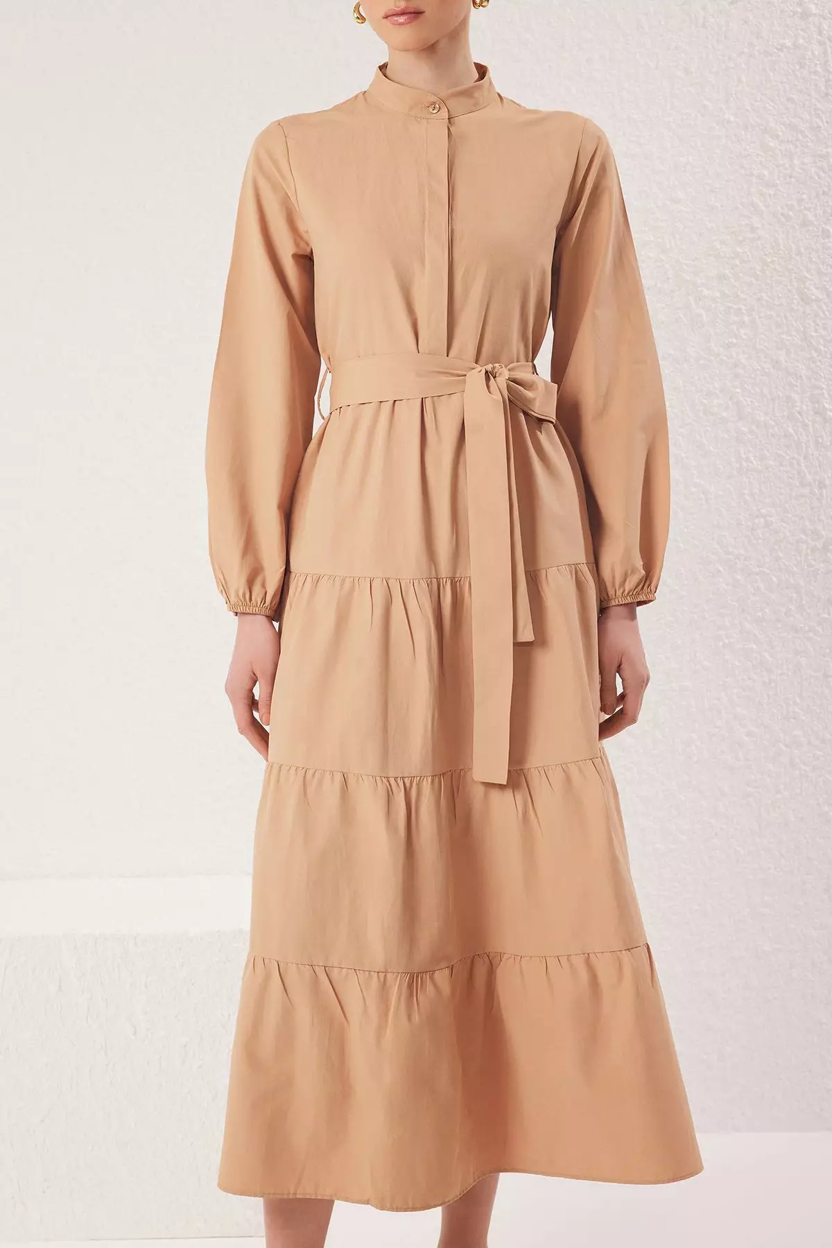 Beige Belted Judge Collar with Button Detail Woven Dress TCTSS21EL3343