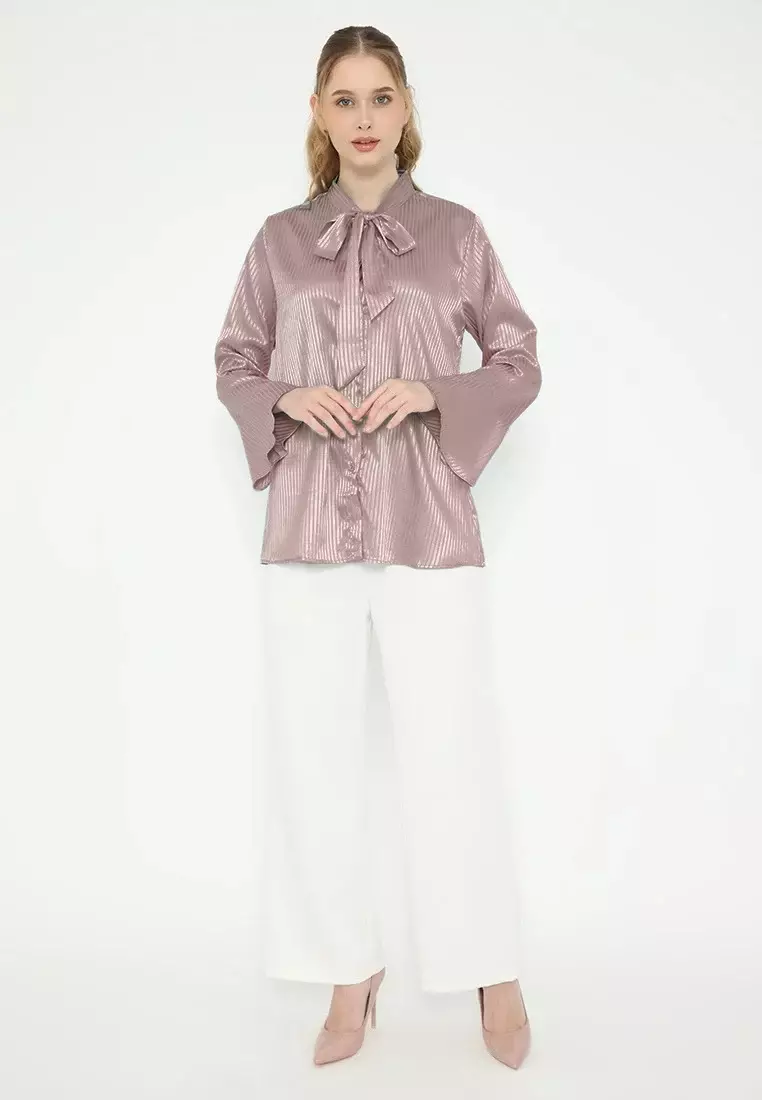 Shimmer Blouse With Stripe Pattern In Soft Brown By Brilliant Girl Warna COKLAT
