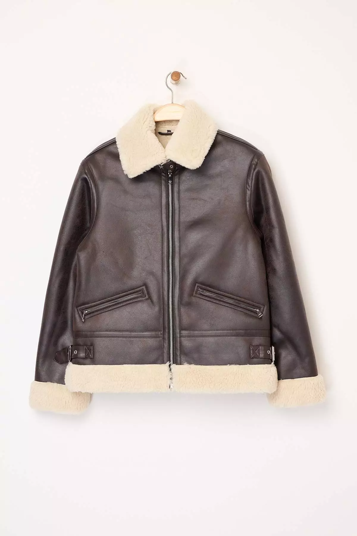 Dark Brown Regular Collar Belt Detailed Plush Faux Leather Biker Jacket Coat TWOAW25MO00000