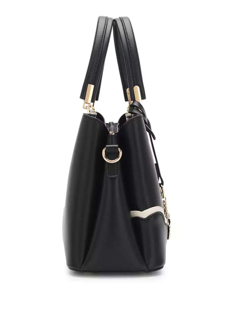 Women's Floral Detail Top Handle Bag / Sling Bag / Crossbody Bag - Black