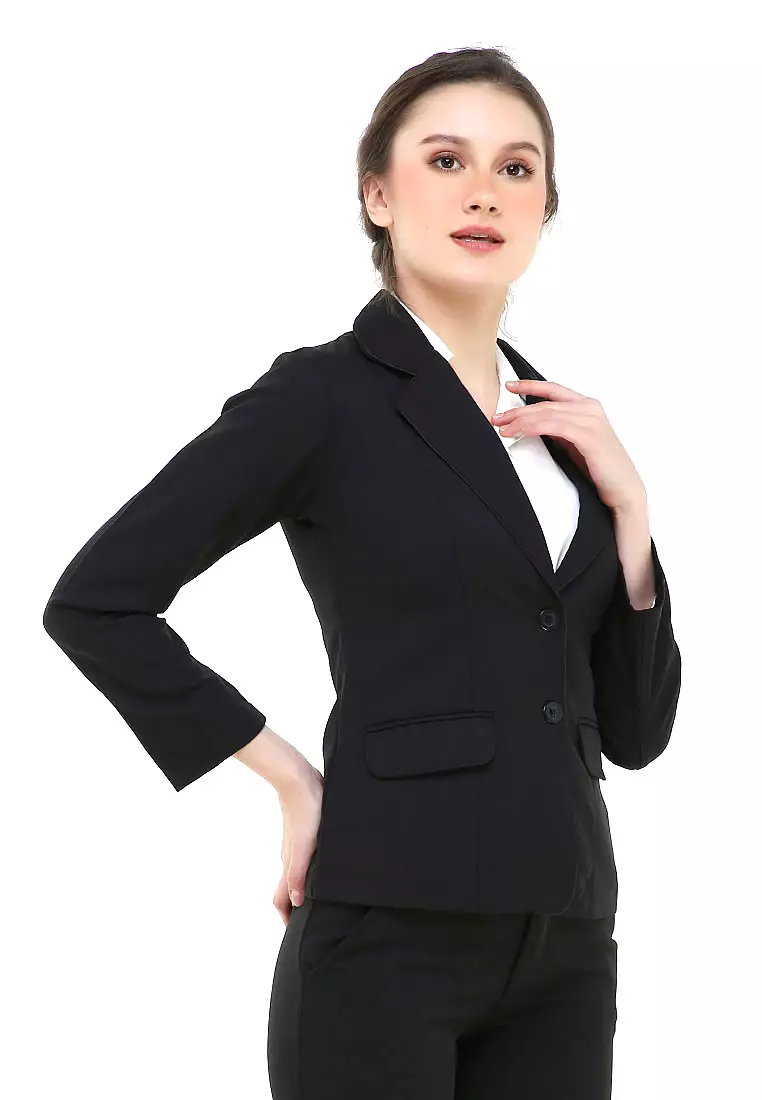 Nicrely Setelan Blazer Celana Wanita One Set Longsleeve Suit Long Pant Material Semi Stretch ORIGINAL - Black