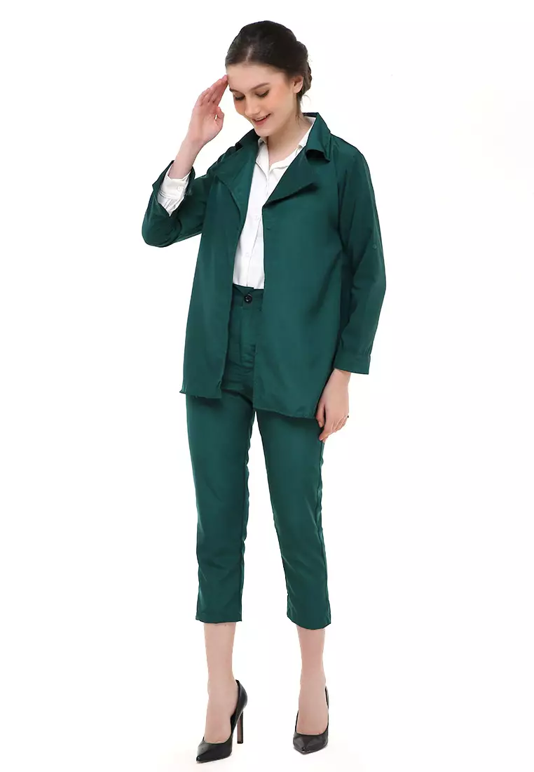 Nicrely Setelan Blazer Wanita One Set Longsleeve Suit Zipper Pant Material Twiscone ORIGINAL - Army