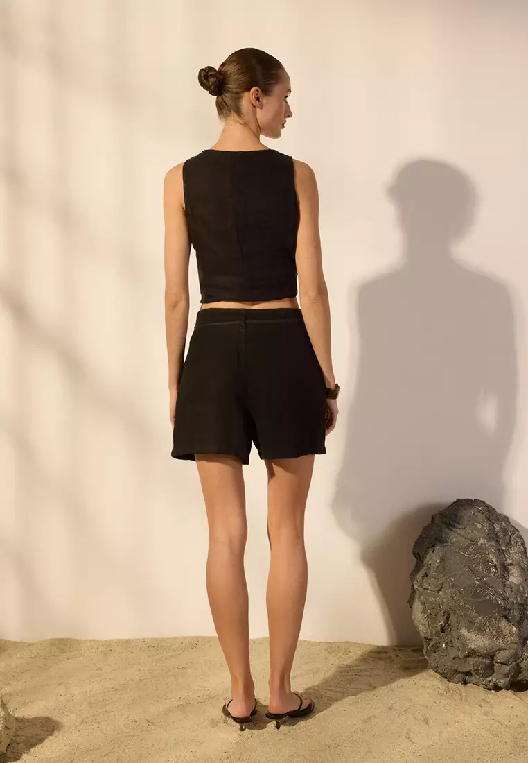 Black 100% Linen Waist Tie Detailed Mini Shorts Twoss25Sr00088