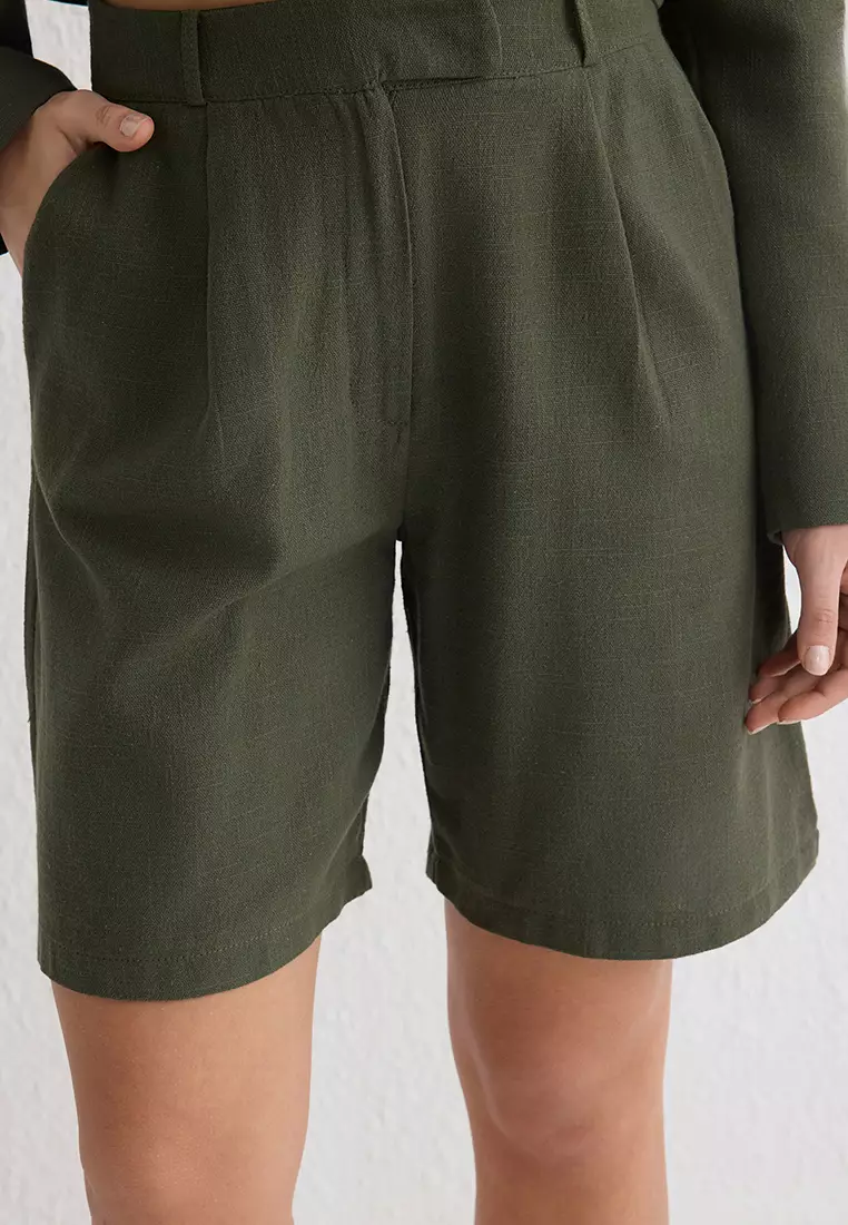 Khaki Linen Look Regular Length Woven Shorts