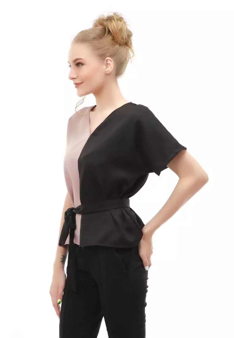 Cheva Blouse Atasan Wanita Kasual Tali Ikat Samping Kombinasi 2 Warna Material Moscrepe ORIGINAL