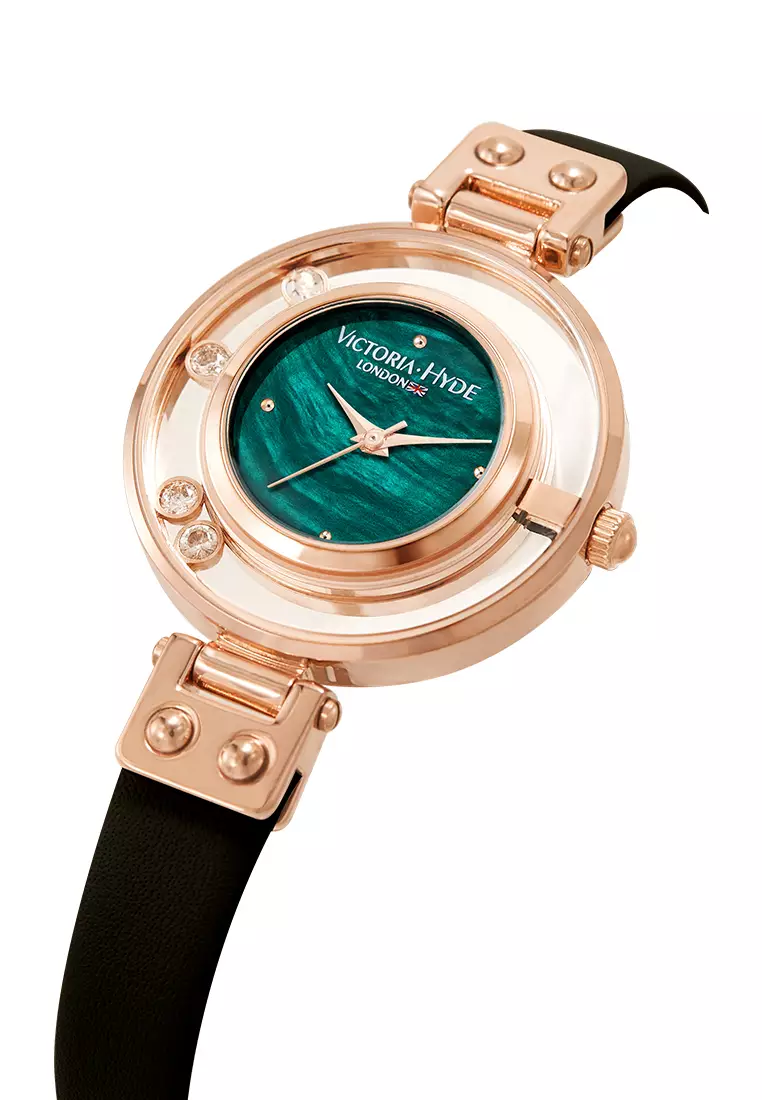 Sparkle Star 女士手表 真皮表帶 30mm玫瑰金表殼 綠色表面 流動鑽石-黑色
