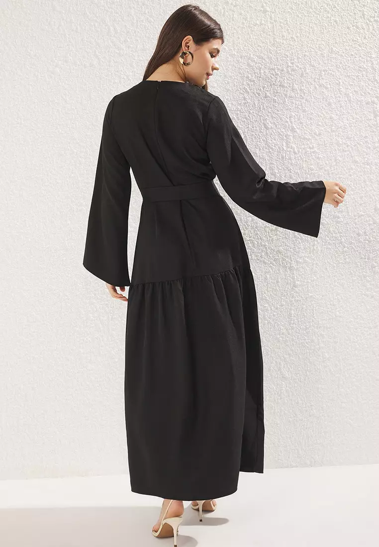 Black Belted Linen Look Woven Dress TCTSS25EB00059
