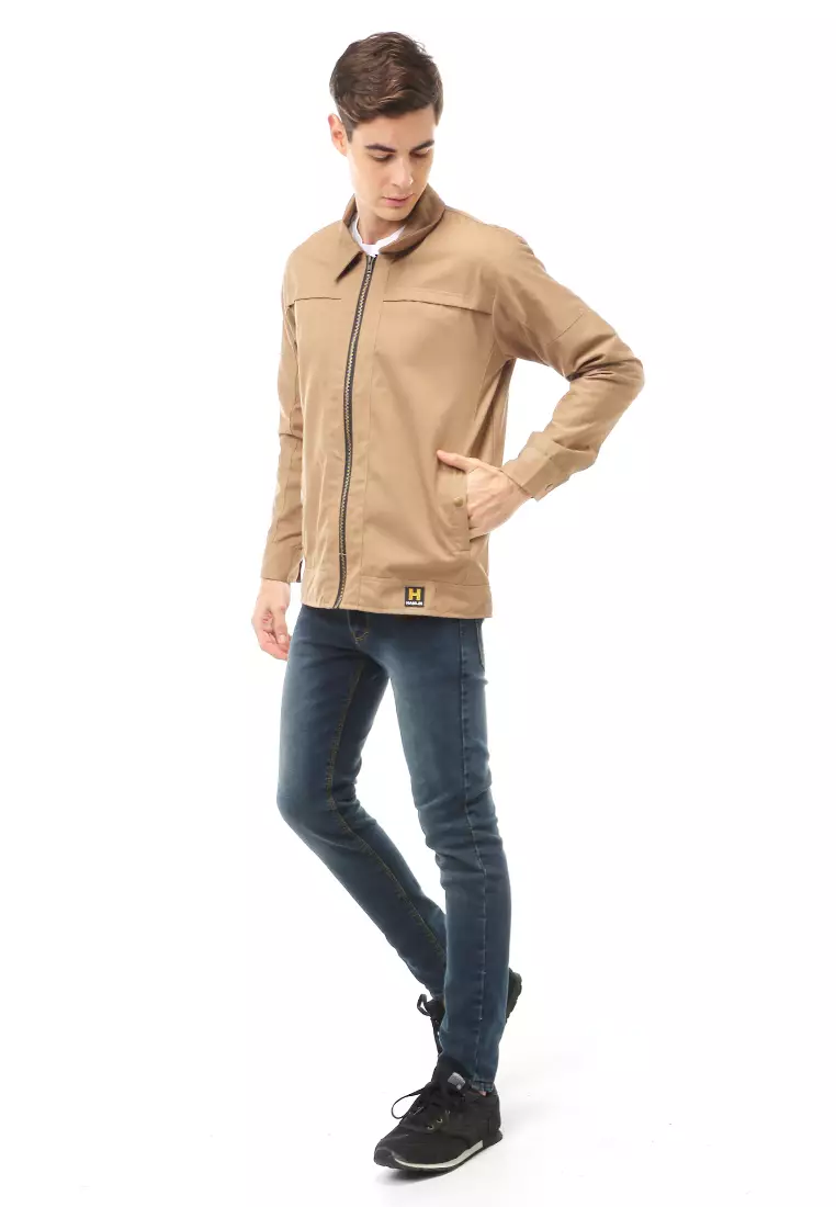 Clover Outerwear Jacket Fashion Pria Motif Polos Material Cotton ORIGINAL - Dark Cream