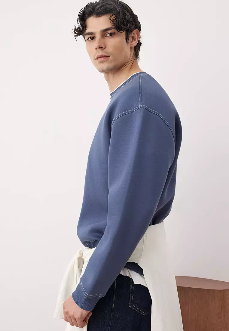 Pale Indigo Oversize/Wide Cut Contrast Stitch Detail Crew Neck Sweatshirt