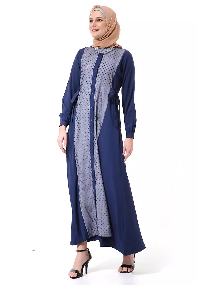 Dilla Long Dress Muslimah Lengan Panjang Relaxed Fit High Quality Premium - Navy Mix Grey