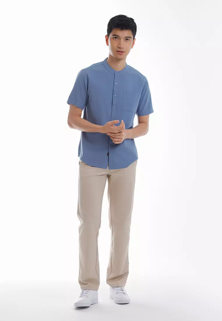 Forest Woven Mandarin Collar Short Sleeve Men Shirt | 621405-31Blue