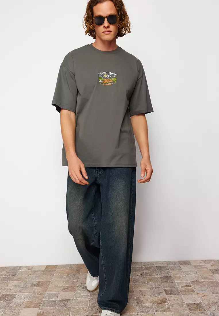 Anthracite Oversized/Wide Cut Short Sleeve Landscape Embroidered T-Shirt