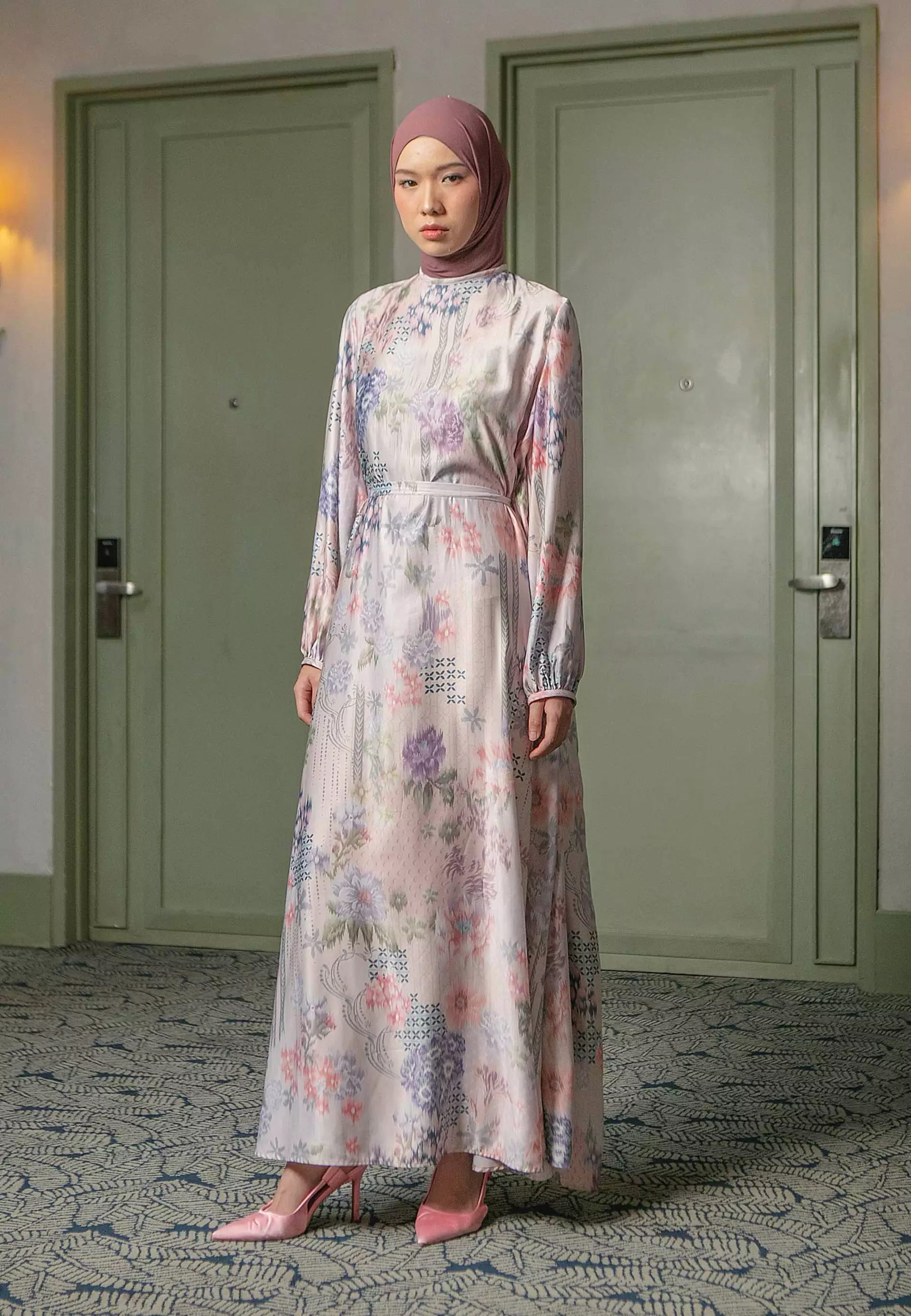 HijabChic Allium Orchid Purple Dress - Dress Lebaran Sarimbit Satin Motif Bunga Elegan Tali Pinggang