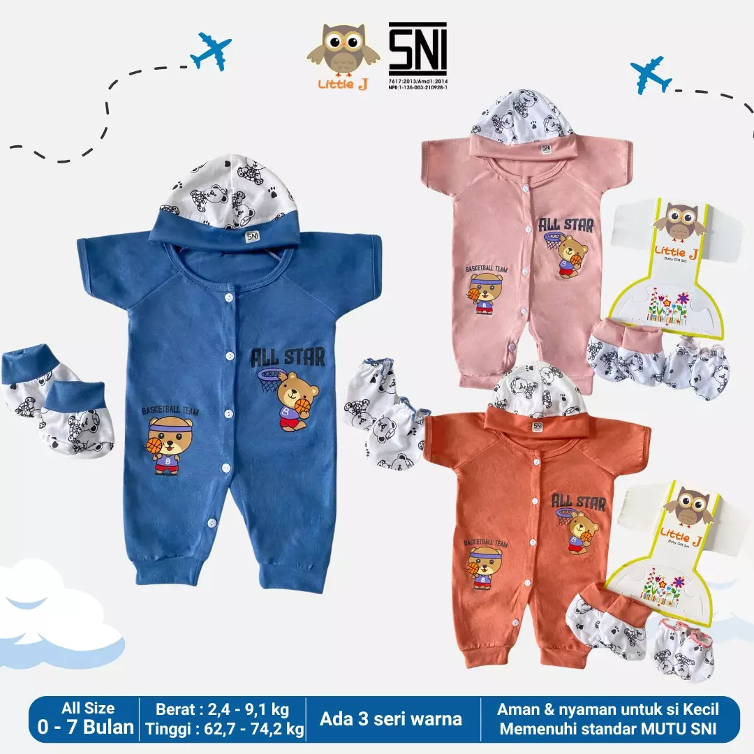 LITTLE J - ALL STAR BEAR 0-9BULAN ROMPER BABY 4 IN 1 SLEEPSUITE JUMPER BODYSUITE GIFT SET - SET BABY PEREMPUAN DAN BABY LAKI LAKI