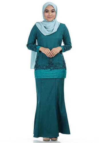 Bellisa Kurung with Layered Pleated Hem from Ashura in green and Blue