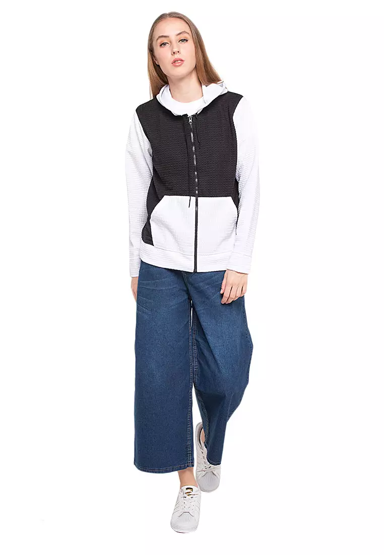 Hernie Long Hoodie Dual Tone Color Lengan Panjang Outerwear Atasan Wanita - Hitam