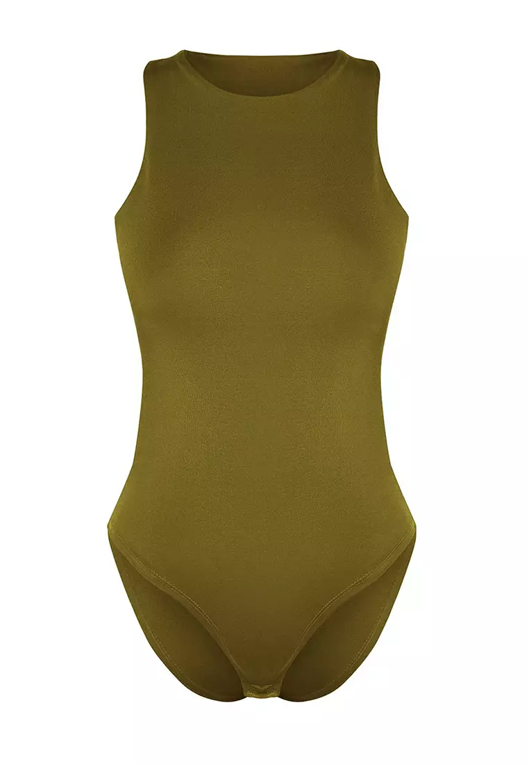 Oil Green Halter Neck Body-Smoothing Flexible Snap-Front Knitted Bodysuit TWOSS20BD0044