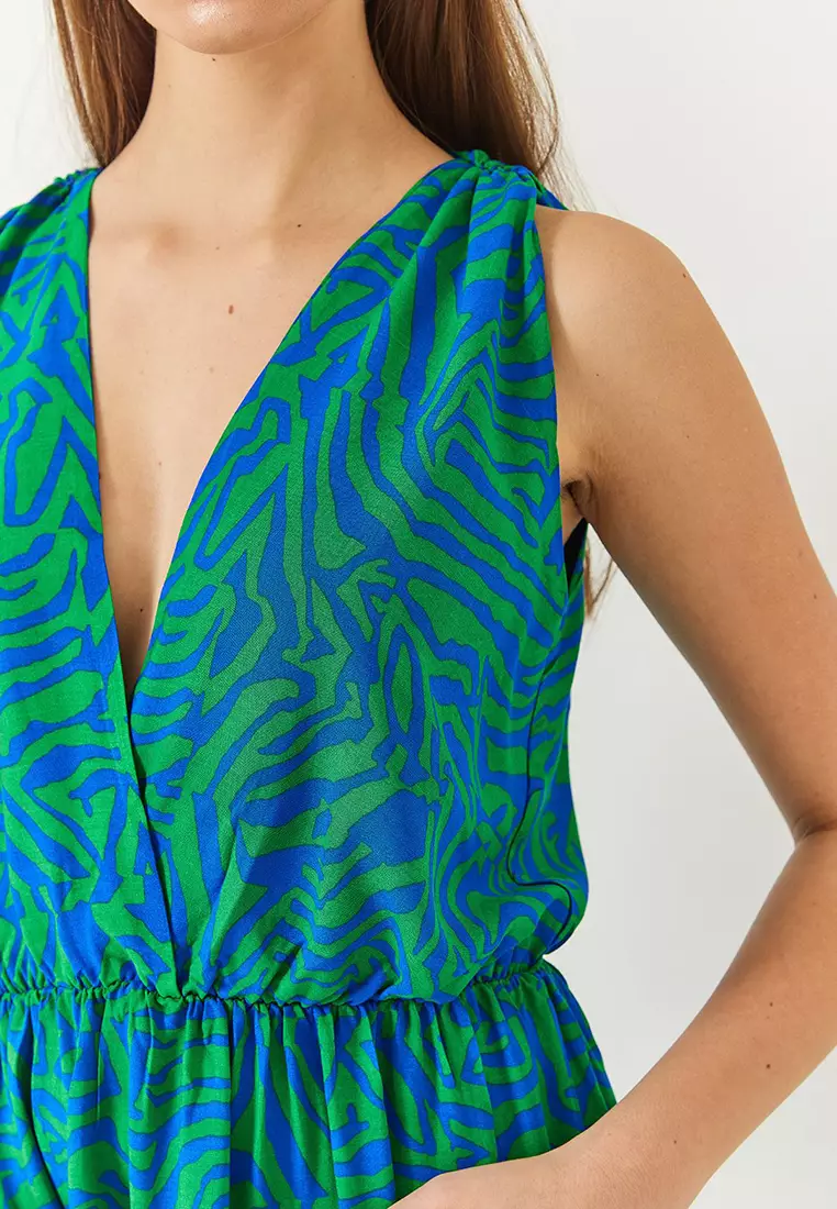 Women's Double Breasted Neckline Elastic Waist Back Rope Tie Print Dress 60261428