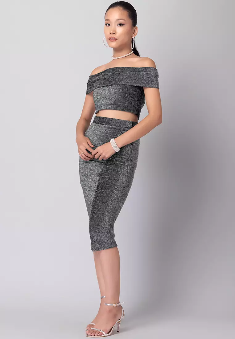 FabAlley Black Shimmer Off Shoulder Crop Top And Ruched Skirt Co-ord Set