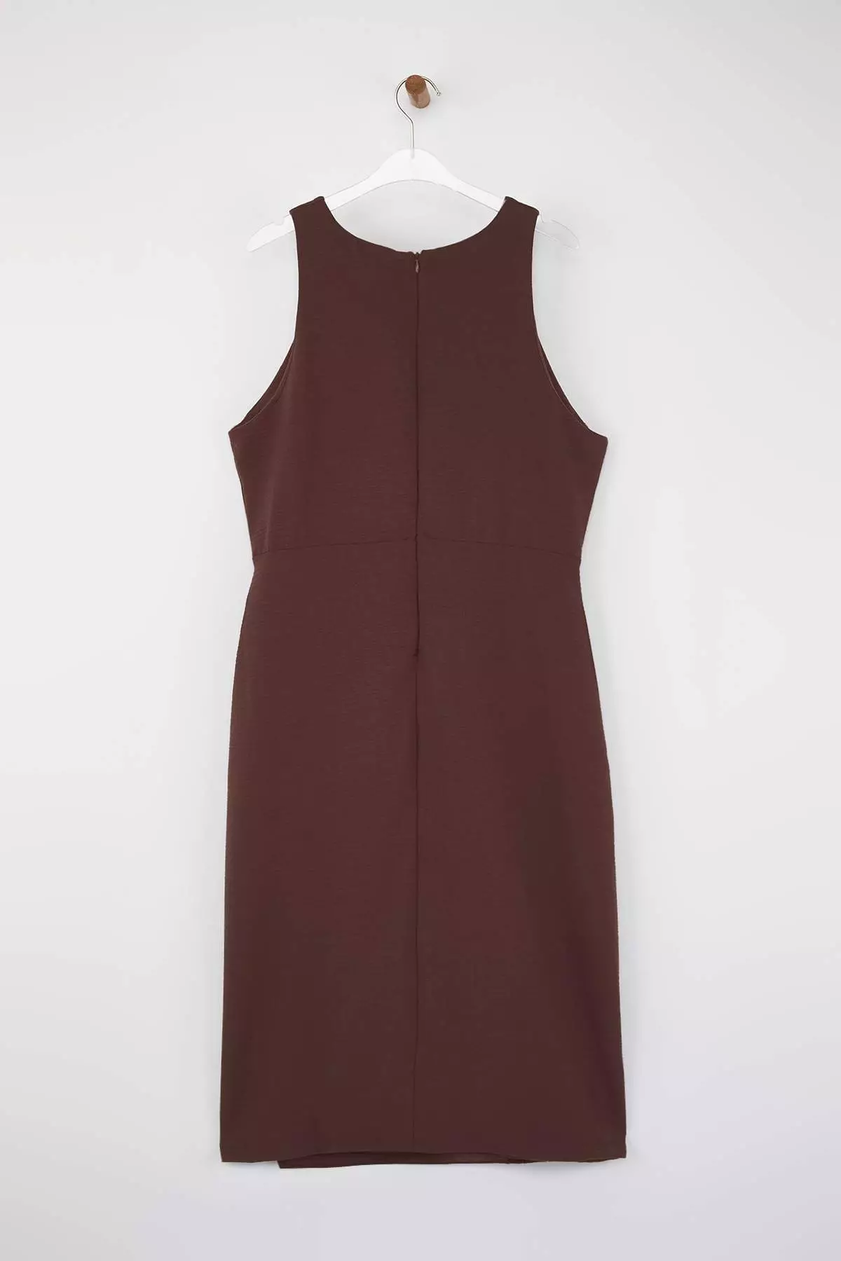 Brown Flannel Midi Woven Plus Size Dress With Slit And Tie Detail